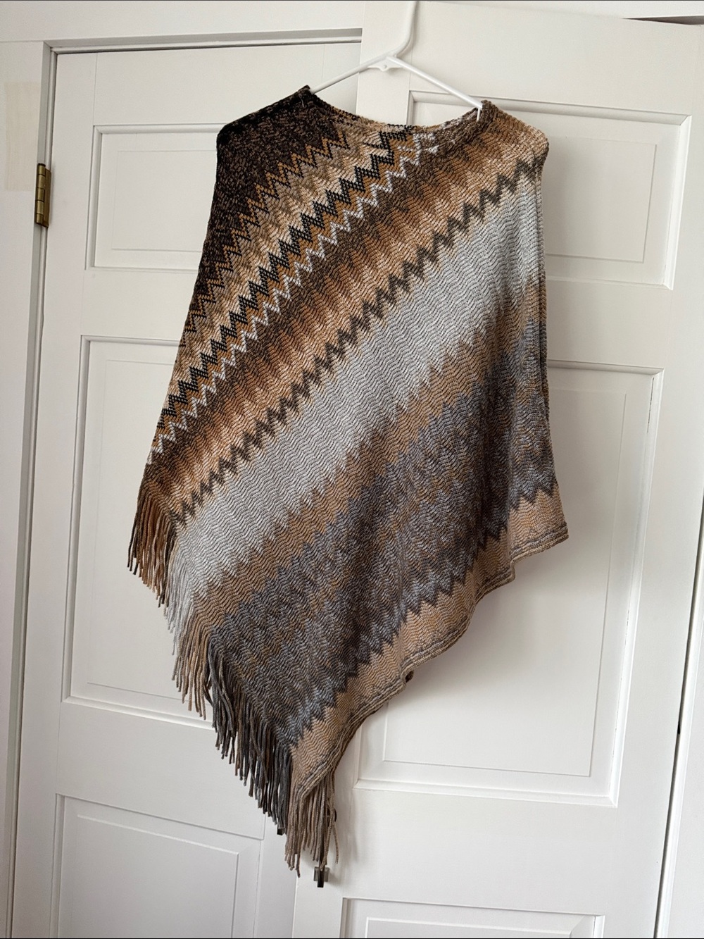 Chevron Fringe Knit Poncho in Neutrals